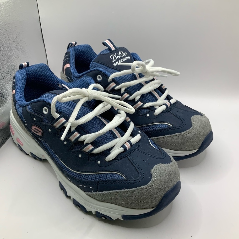 Skeckers Sports Woman's D'Lites Blue Pink Memory Foam Lace Up Wide Fit - 8 - Picture 2 of 9